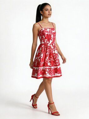 JOIE | Red & White Floral Smocked Flare Dress Sz 10